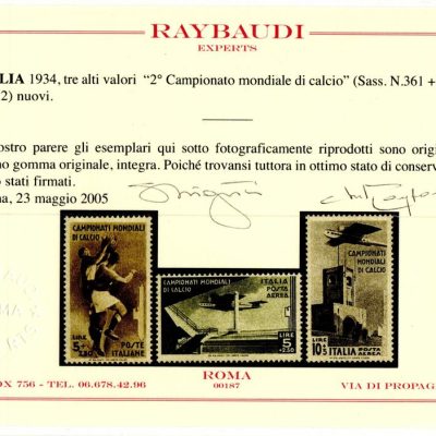 Regno 1934 campionati mondiali di calcio serie gomma integra cert Raybaudi