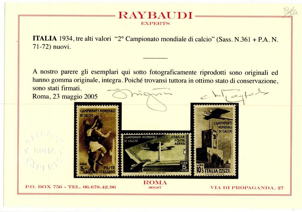 Regno 1934 campionati mondiali di calcio serie gomma integra cert Raybaudi