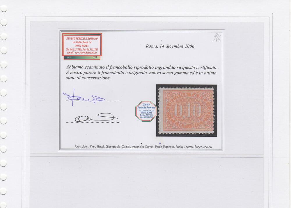 1869 Regno segnatasse n 2 nuovo senza gomma cert studio peritale Romano