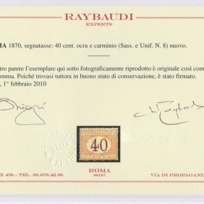1870 Regno 40 cent ocra segnatasse n 8 nuovo con traccia di linguella cert Raybaudi