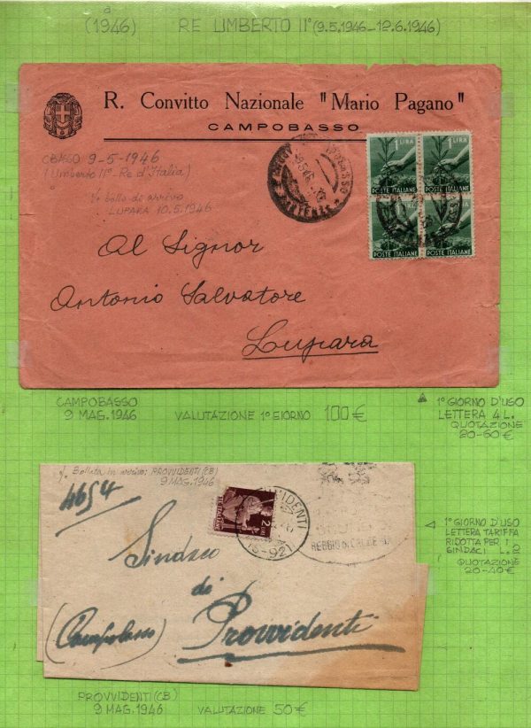 Interessante insieme di n. 114 lettere e cartoline di Storia Postale in periodo Luogotenenziale. Notate alcune lettere con affrancatura mista ,alcune con ultimo giorno d'uso ,notata anche una lettera affrancata con una quartina dell' 1 lira " Democratica" nel primo giorno del Regno di Umberto II - IL RE DI MAGGIO.