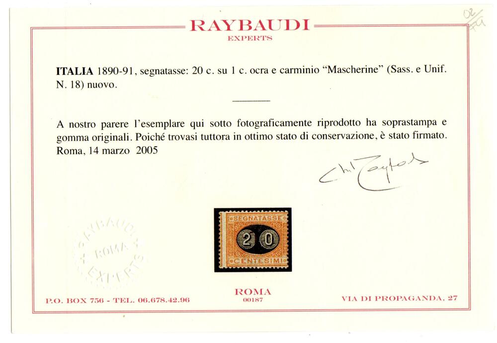 Regno  Mascherine segnatasse n 18 nuovo con traccia di linguella cert Raybaudi