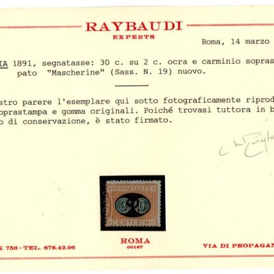 Regno Mascherine segnatasse n 19  nuovo con traccia di linguella cert Raybaudi