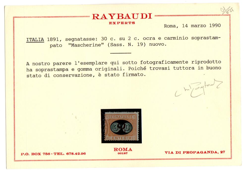 Regno Mascherine segnatasse n 19  nuovo con traccia di linguella cert Raybaudi