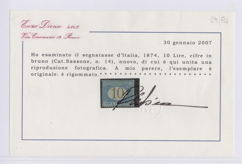 1870 Regno segnatasse n 14 nuovo gomma non originale cert Diena