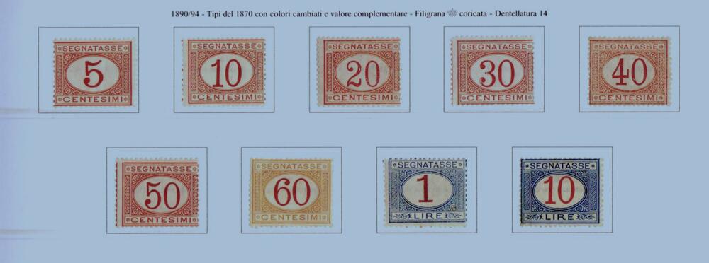 1890-94 Regno segnatasse n 20-28 serie cpl traccia di linguella