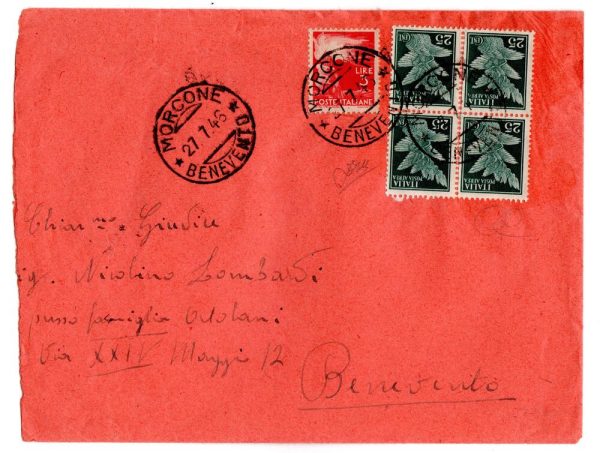 Usi tardivi dei francobolli di Regno durante la Repubblica Busta da Morcone con quartina del 25 cent posta aerea Imperiale