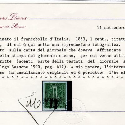 1863 De la Rue 1 centesimo con soprastampa tipografica per uso su giornali cert diena
