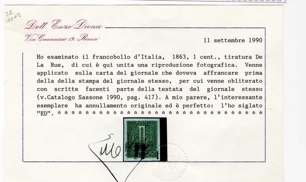 1863 De la Rue 1 centesimo con soprastampa tipografica per uso su giornali cert diena