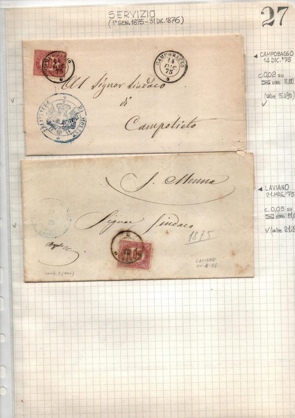 Lotticino di storia postale affrancati con i francobolli di servizio. Questi francobolli speciali  furono creati per motivi contabili . Venivano usati come corrispondenza di servizio delgi uffici comunali o statali. Insieme di n. 12 lettere.