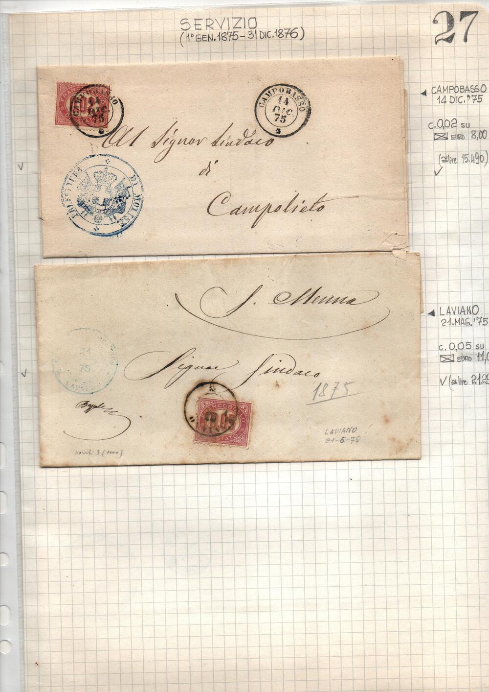 Lotticino di storia postale affrancati con i francobolli di servizio. Questi francobolli speciali  furono creati per motivi contabili . Venivano usati come corrispondenza di servizio delgi uffici comunali o statali. Insieme di n. 12 lettere.