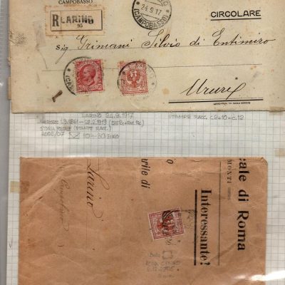 Insieme di n. 224  lettere del Regno di Italia dal 1901 al 1921. Il lotto comprende : Circolari, Cartoline pubblicitarie, avvisi di pagamento ,lettere commerciali, lettere raccomandate ,assicurate , telegrammi ,cartoline postali . Destinazioni interessanti. Ideale per studio.Volume 2