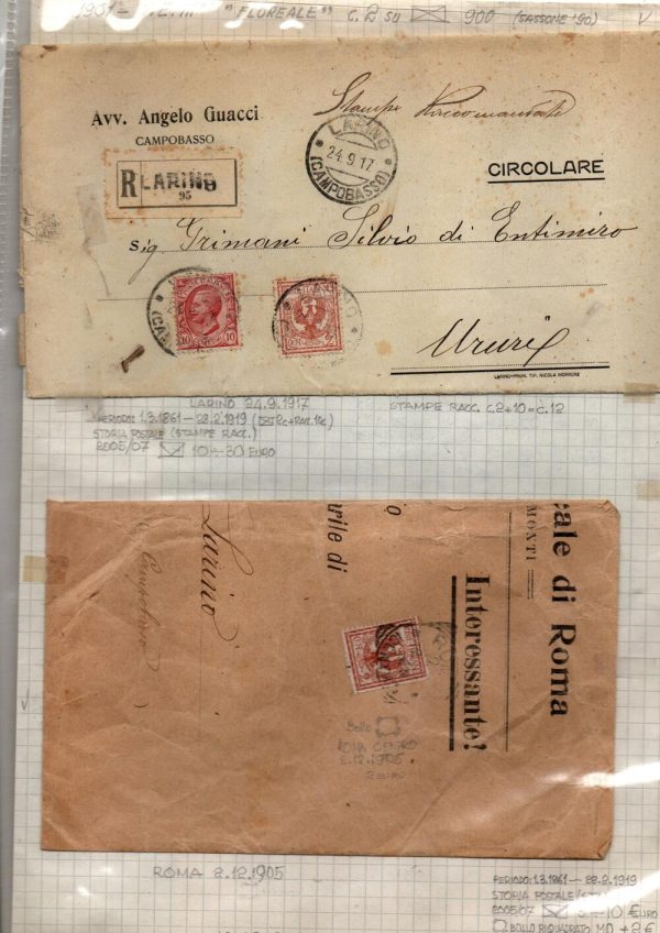 Insieme di n. 224  lettere del Regno di Italia dal 1901 al 1921. Il lotto comprende : Circolari, Cartoline pubblicitarie, avvisi di pagamento ,lettere commerciali, lettere raccomandate ,assicurate , telegrammi ,cartoline postali . Destinazioni interessanti. Ideale per studio.Volume 2
