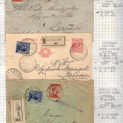 Insieme di n. 224  lettere del Regno di Italia dal 1901 al 1921. Il lotto comprende : Circolari, Cartoline pubblicitarie, avvisi di pagamento ,lettere commerciali, lettere raccomandate ,assicurate , telegrammi ,cartoline postali . Destinazioni interessanti. Ideale per studio.Volume 2