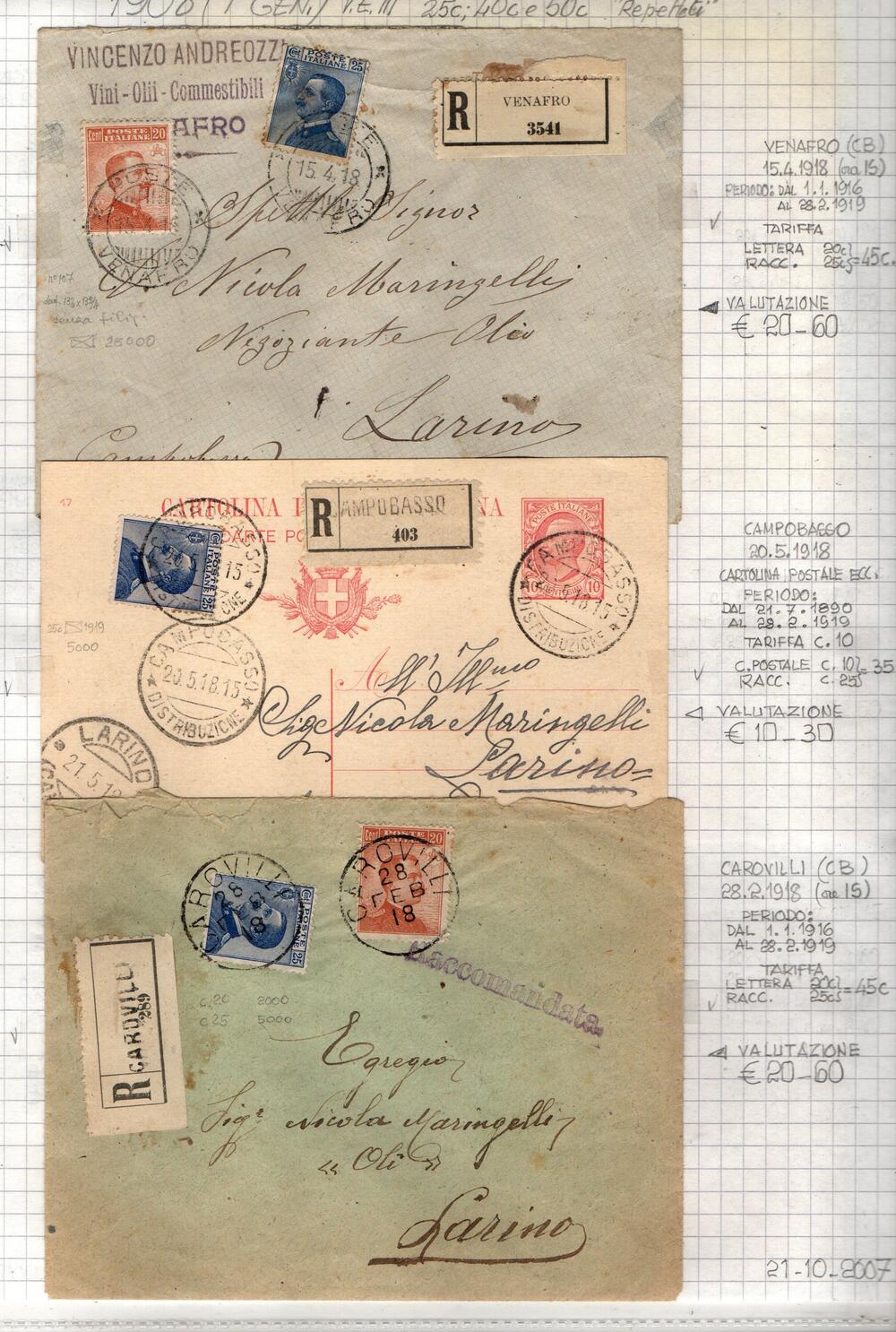 Insieme di n. 224  lettere del Regno di Italia dal 1901 al 1921. Il lotto comprende : Circolari, Cartoline pubblicitarie, avvisi di pagamento ,lettere commerciali, lettere raccomandate ,assicurate , telegrammi ,cartoline postali . Destinazioni interessanti. Ideale per studio.Volume 2