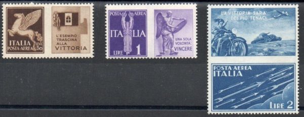 Regno 1942 Francobolli di posta aerea del 1930 con appendici di propaganda bellica.Filigrana corona. NON EMESSI.Catalogo Sassone 12A/C. Serie completa 3 valori.Linguella impercettibile.Firmata