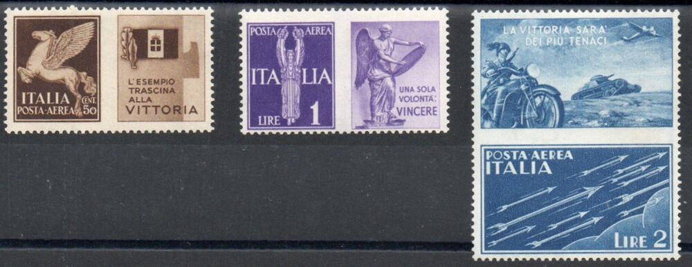 Regno 1942 Francobolli di posta aerea del 1930 con appendici di propaganda bellica.Filigrana corona. NON EMESSI.Catalogo Sassone 12A/C. Serie completa 3 valori.Linguella impercettibile.Firmata