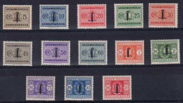 REPUBBLICA SOCIALE ITALIANA Segnatasse del 1934 ( n.34/46) soprastampati .Cat n. 60/72 LINGUELLATI. Serie completa 13 valori.