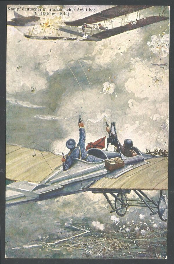 I guerra mondiale Cartolina illustrata battaglia t tra aerei militari tedeschi e francesi 9 ottobre 1914, prima guerra mondiale non viaggiata