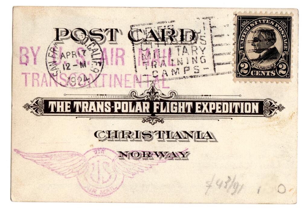 Cartolina del volo transpolare dagli stati uniti per Warick interessante il mittente (Presidente Aero Filatelia Amerivana)