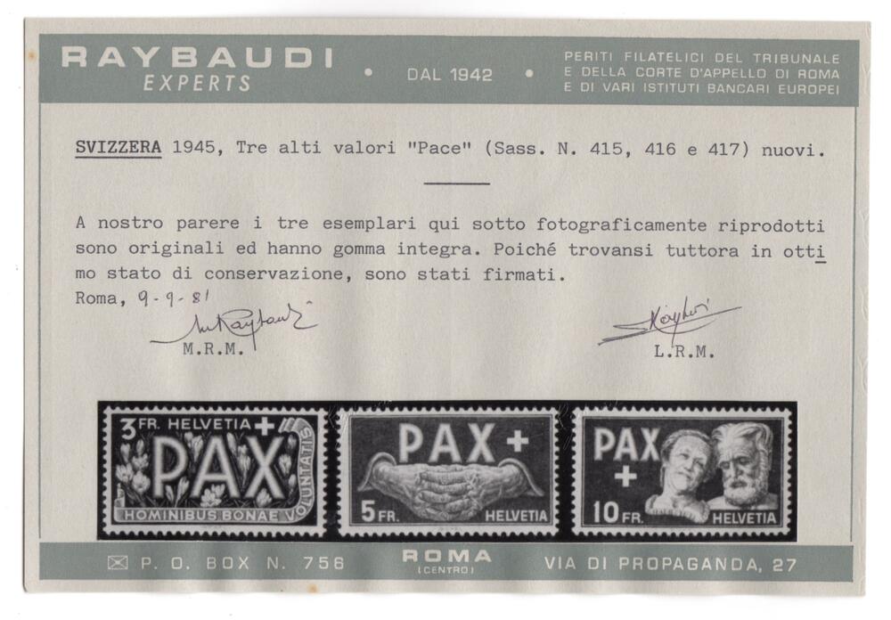 1945 Serie Pax completa gomma integra cert Raybaudi