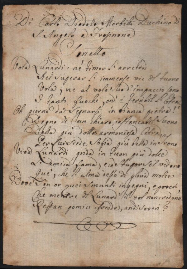 SONETTO di Carlo Diodato Morbilli nato nel 1700.Manoscritto del 1785 circa. Misure 19cm x 13 cm .Il poeta e librettista nativo della provincia di Salerno scrisse questo sonetto in onore del lucchese Lunardi.Sonetto dedicato a Vincenzo Lunardi, inventore e ufficiale italiano nonchè celebre pioniere dell' aeronautica.