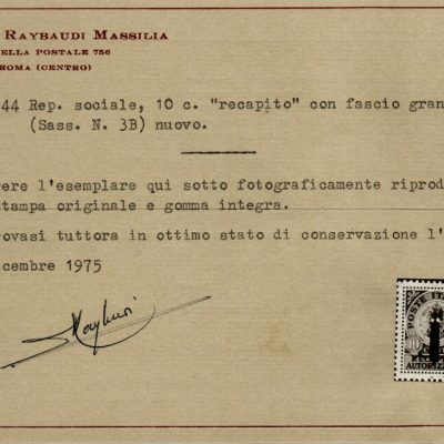 1944 RECAPITO AUTORIZZATO Catalogo Sassone n. 3A + 3B. Gomma integra. Certificato per il valore n. 3B