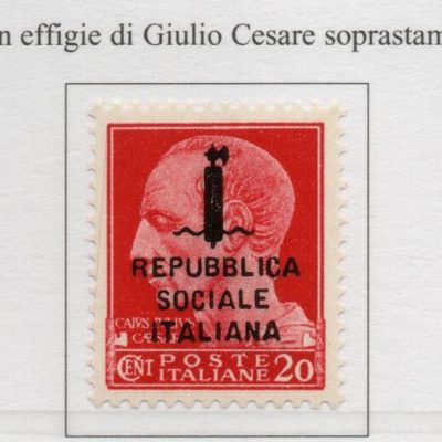 1944 Rep. Sociale : 20 cent carminio " Giulio Cesare" con soprastampa RSI e fascetto di Verona Catalogo Sassone n. 495/A. Gomma integra . Certificati Raybaudi e Andreoni.