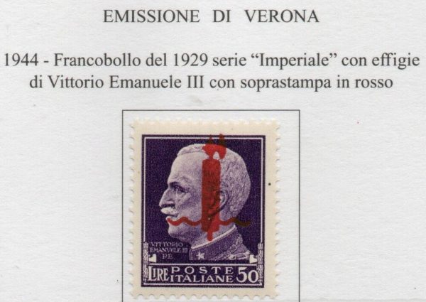 1944 Rep. Sociale : posta ordinaria da 50 lire violetto emissione di Verona con soprastampa fascio in rosso. Catalogo Sassone n. 501.Gomma integra . Certificati Raybaudi e Andreoni.