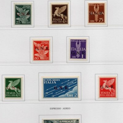 1944 Rep. Sociale Posta aerea soprastampata GNR, serie completa 9 valori . Catalogo Sassone n. 117/125. Gomma integra. Certificati Raybaudi e Andreoni.