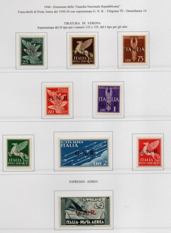 1944 Rep. Sociale Posta aerea soprastampata GNR, serie completa 9 valori . Catalogo Sassone n. 117/125. Gomma integra. Certificati Raybaudi e Andreoni.