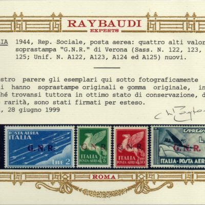 1944 Rep. Sociale Posta aerea soprastampata GNR, serie completa 9 valori . Catalogo Sassone n. 117/125. Gomma integra. Certificati Raybaudi e Andreoni.