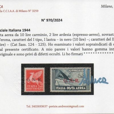1944 Rep. Sociale Posta aerea soprastampata GNR, serie completa 9 valori . Catalogo Sassone n. 117/125. Gomma integra. Certificati Raybaudi e Andreoni.