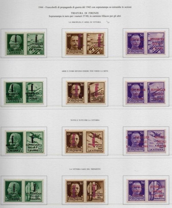 1944 Francobolli di Propaganda del 1942 . Tiratura di Firenze Catalogo Sassone n. 37/40+41/I48/I. Soprastampa LILLA . Il valore da 50 cent violetto ha la vistosa varietà " Soprastampa fortemente spostata a destra" Cat. n. 471/Iad. Linguellati