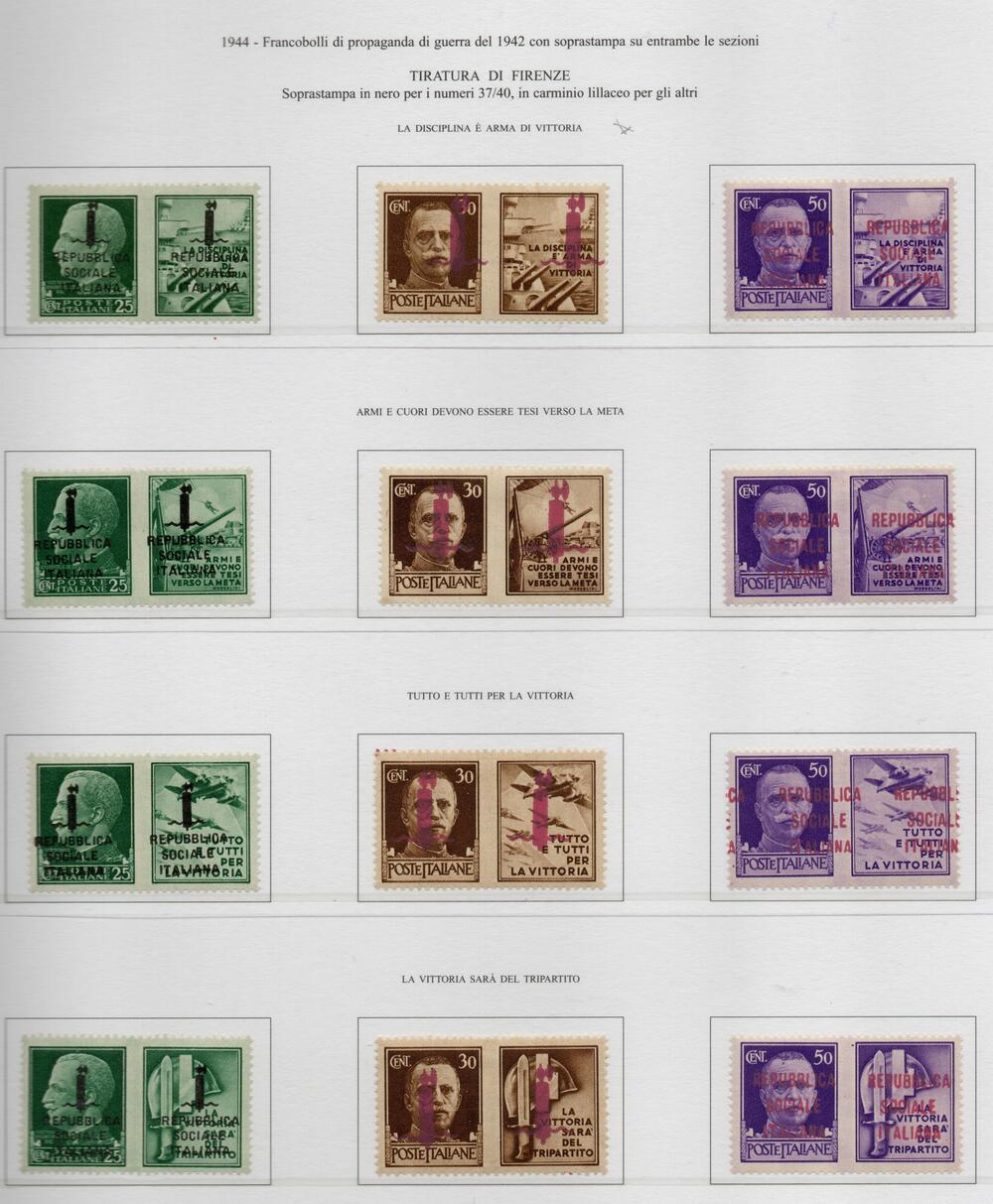 1944 Francobolli di Propaganda del 1942 . Tiratura di Firenze Catalogo Sassone n. 37/40+41/I48/I. Soprastampa LILLA . Il valore da 50 cent violetto ha la vistosa varietà " Soprastampa fortemente spostata a destra" Cat. n. 471/Iad. Linguellati