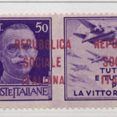 1944 Francobolli di Propaganda del 1942 . Tiratura di Firenze Catalogo Sassone n. 37/40+41/I48/I. Soprastampa LILLA . Il valore da 50 cent violetto ha la vistosa varietà " Soprastampa fortemente spostata a destra" Cat. n. 471/Iad. Linguellati