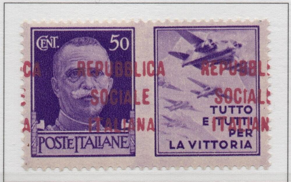 1944 Francobolli di Propaganda del 1942 . Tiratura di Firenze Catalogo Sassone n. 37/40+41/I48/I. Soprastampa LILLA . Il valore da 50 cent violetto ha la vistosa varietà " Soprastampa fortemente spostata a destra" Cat. n. 471/Iad. Linguellati