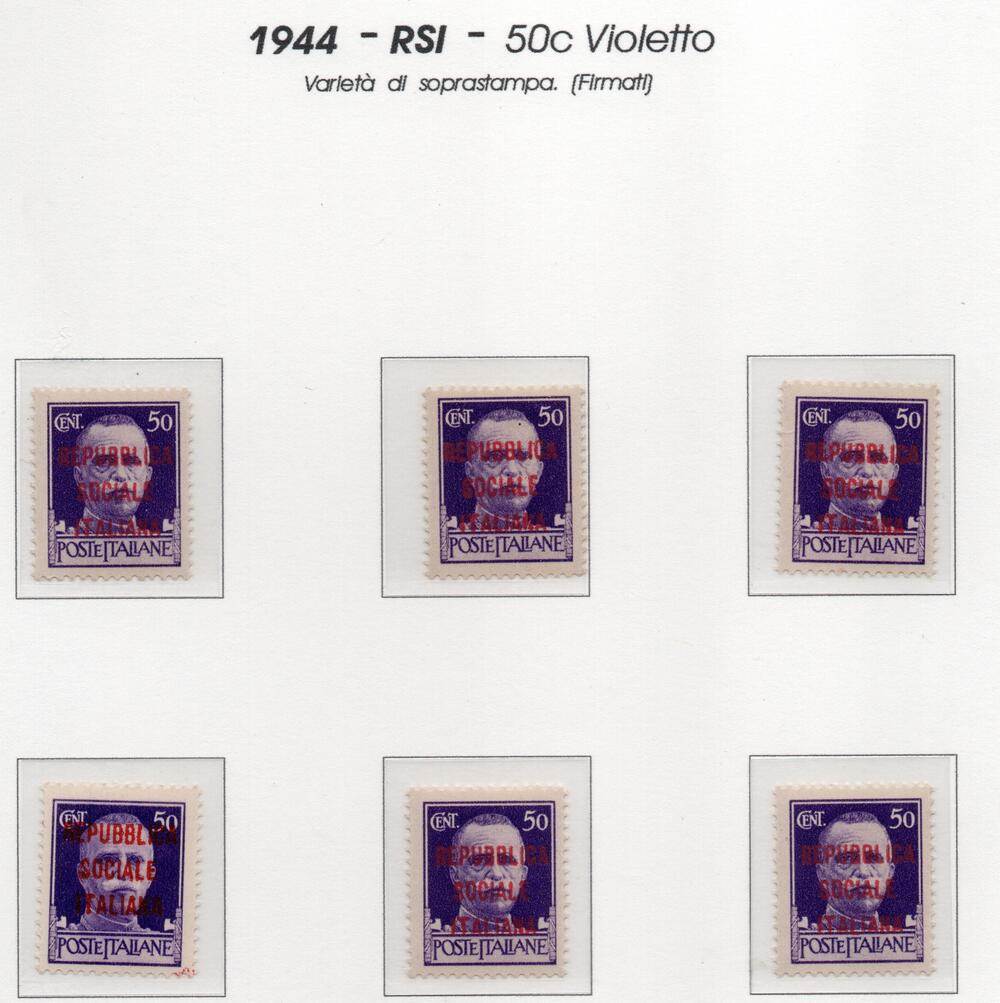 1944 Francobolli del 1929 soprastampati. Tiratura di Firenze. 50 cent violetto di posta ordinaria. Tutti fiorentini ad eccezione di uno (non firmato) ma con interessante inchiostrazione.