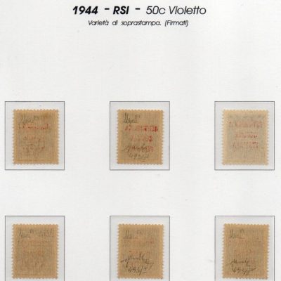 1944 Francobolli del 1929 soprastampati. Tiratura di Firenze. 50 cent violetto di posta ordinaria. Tutti fiorentini ad eccezione di uno (non firmato) ma con interessante inchiostrazione.