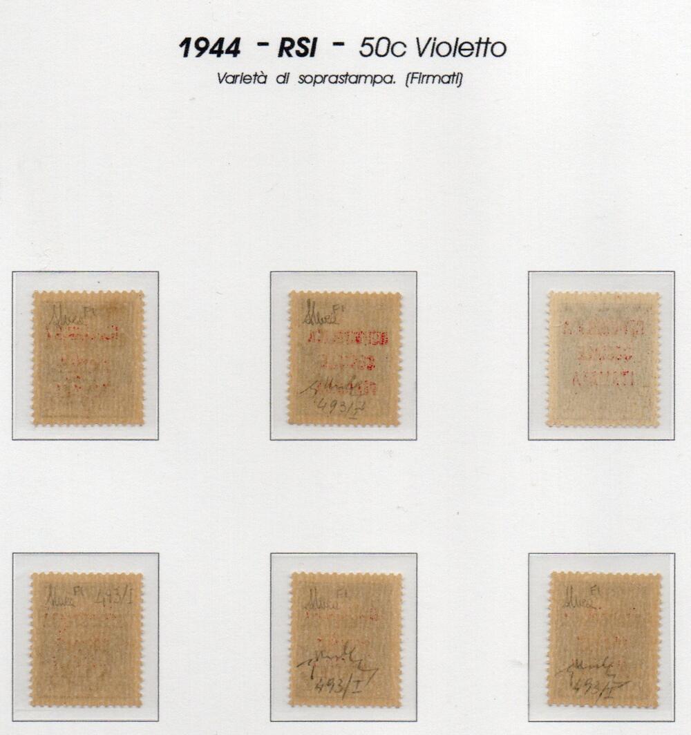 1944 Francobolli del 1929 soprastampati. Tiratura di Firenze. 50 cent violetto di posta ordinaria. Tutti fiorentini ad eccezione di uno (non firmato) ma con interessante inchiostrazione.