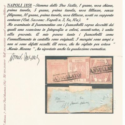 1858 Frammento da 16 grana n3 n8a n10a cert. Merone