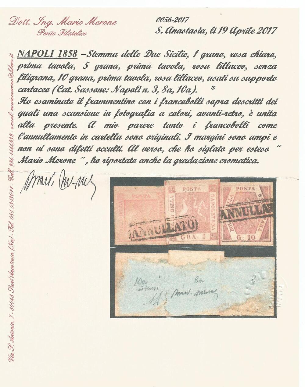 1858 Frammento da 16 grana n3 n8a n10a cert. Merone