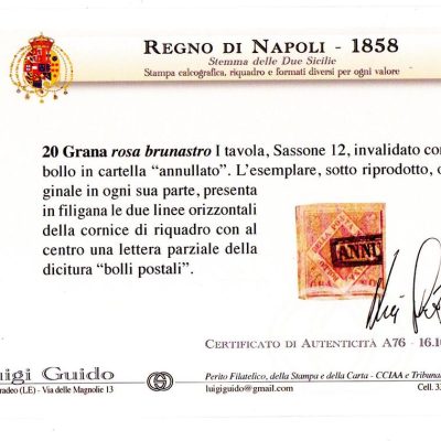 1858 20 grana n 12 filigrana bolli postali cert. Guido