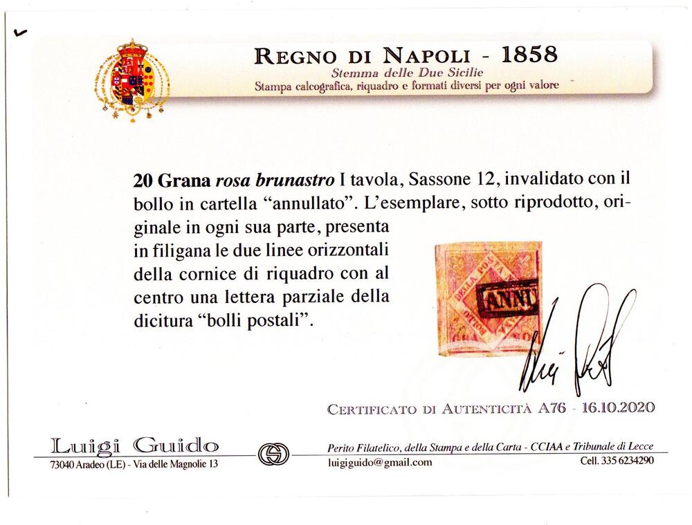 1858 20 grana n 12 filigrana bolli postali cert. Guido