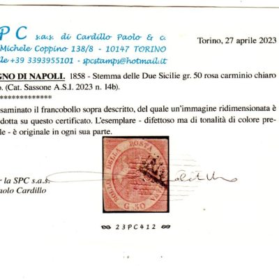 1858 50 grana n 14b margini corti ma con tonalità e colore rari accompagnato dal certificato P. Cardillo