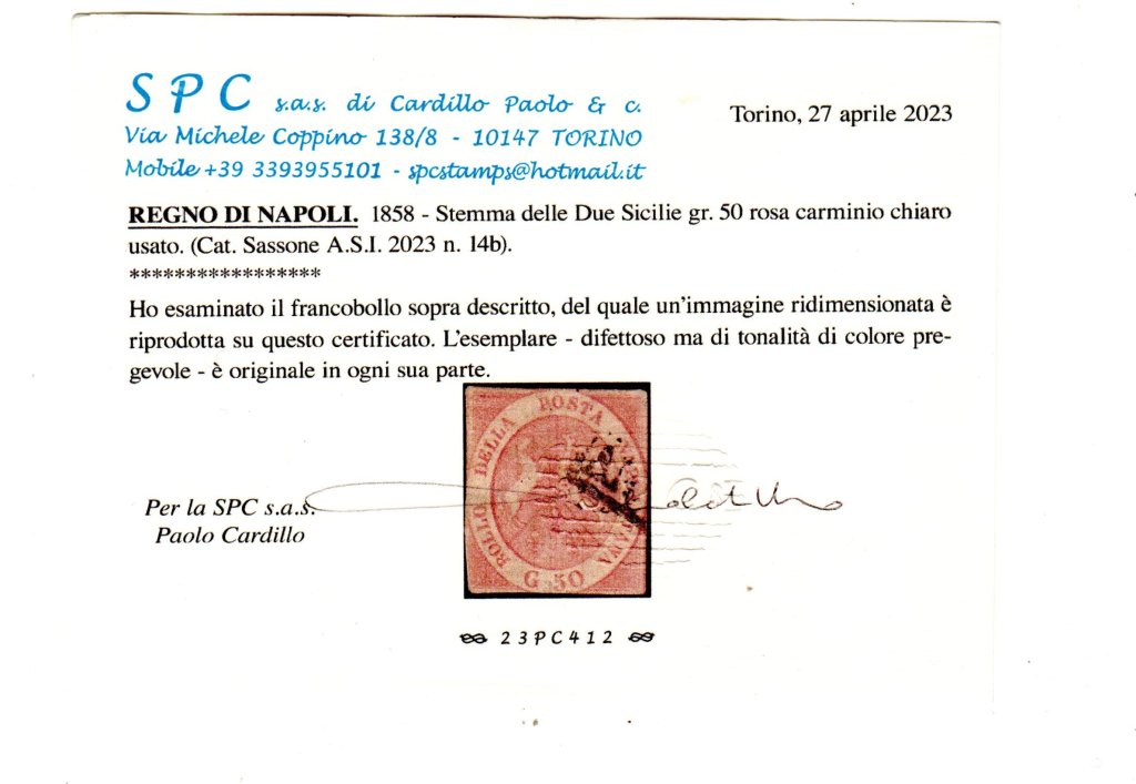 1858 50 grana n 14b margini corti ma con tonalità e colore rari accompagnato dal certificato P. Cardillo