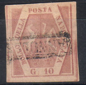 1858  10 grana I tav n 10a ottima qualita filigrana bolli postali firma Merone