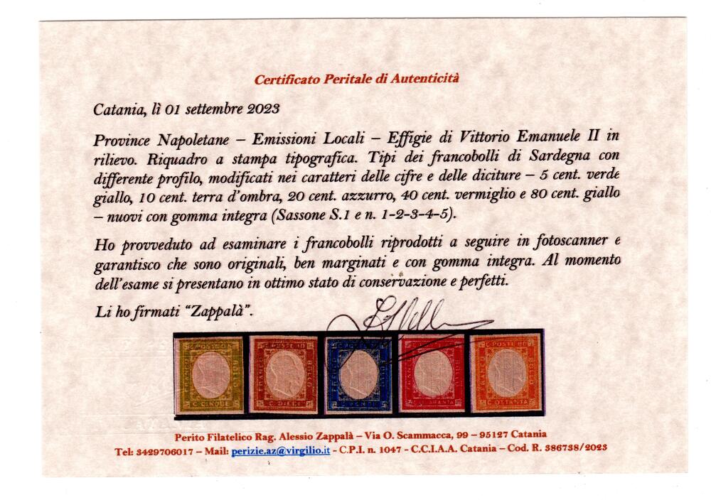 Province Napoletane 1861 serie non emessa gomma integra cert. Zappala