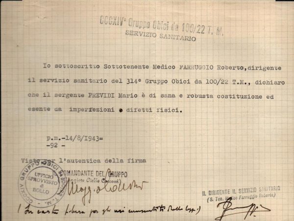 Lotticino di n. 8 documenti di guerra anni 1940/43. N° 1) Rifiuto di licenza, Posta Militare n° 45. N° 2) Attestato di servizio del campo di concentramento n° 62. N° 3 e 4) Ufficio Imbarchi R. Aereonautica - Durazzo, certificato di mancata presentazione agli esami. N° 5) Gruppo Obici, Posta Militare n° 92, certificato medico. N° 6) Comando 90° Battaglione CC.NN., attestato di servizio. N° 7) Comando 314° Gruppo Obici, Posta Militare n° 92, certificato di mancata presentazione agli esami. N° 8) I° Battaglione Idrici, P.M. II°, certificato di mancata presentazione agli esami.