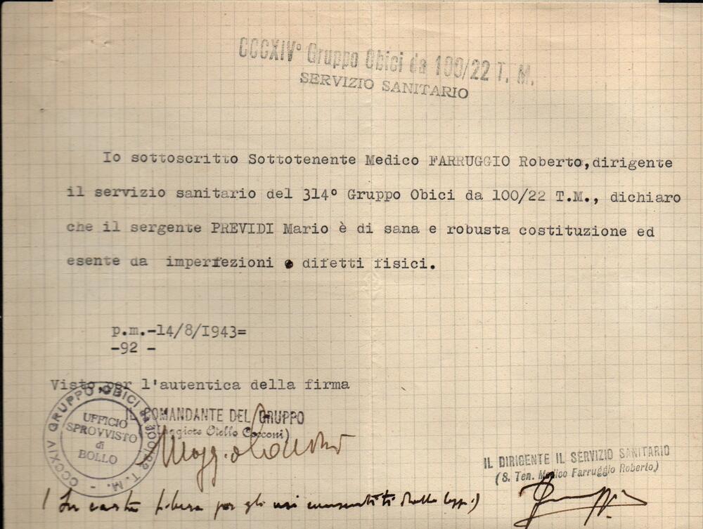 Lotticino di n. 8 documenti di guerra anni 1940/43. N° 1) Rifiuto di licenza, Posta Militare n° 45. N° 2) Attestato di servizio del campo di concentramento n° 62. N° 3 e 4) Ufficio Imbarchi R. Aereonautica - Durazzo, certificato di mancata presentazione agli esami. N° 5) Gruppo Obici, Posta Militare n° 92, certificato medico. N° 6) Comando 90° Battaglione CC.NN., attestato di servizio. N° 7) Comando 314° Gruppo Obici, Posta Militare n° 92, certificato di mancata presentazione agli esami. N° 8) I° Battaglione Idrici, P.M. II°, certificato di mancata presentazione agli esami.